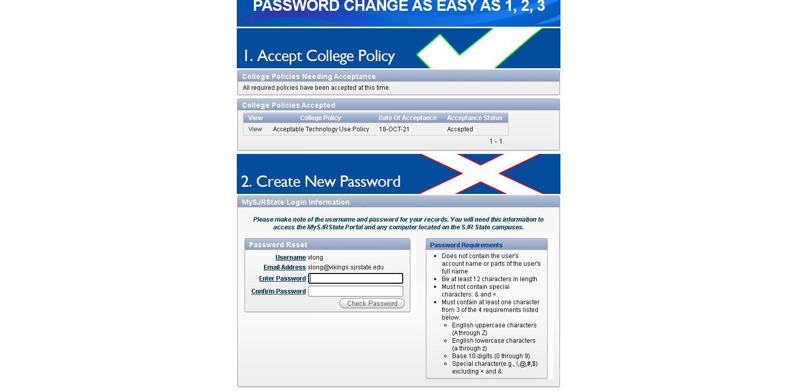 Green check indicating the College Policy has been accepted