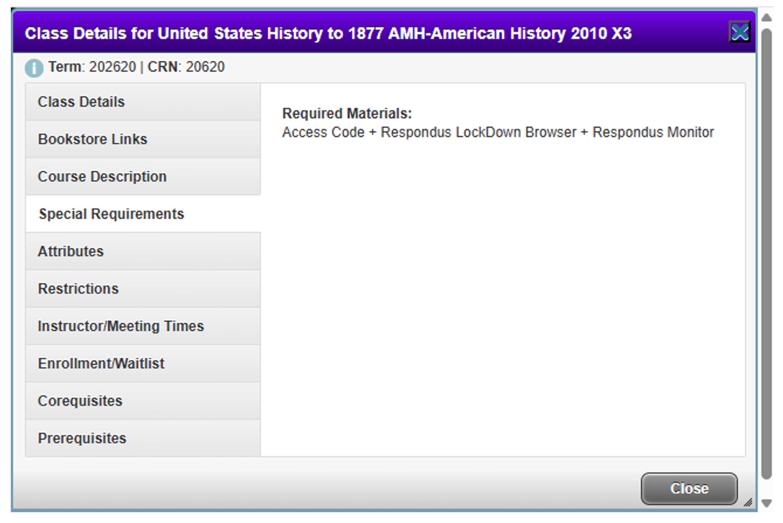 screen capture:In the Class Details box, click on the “Special Requirement” link.