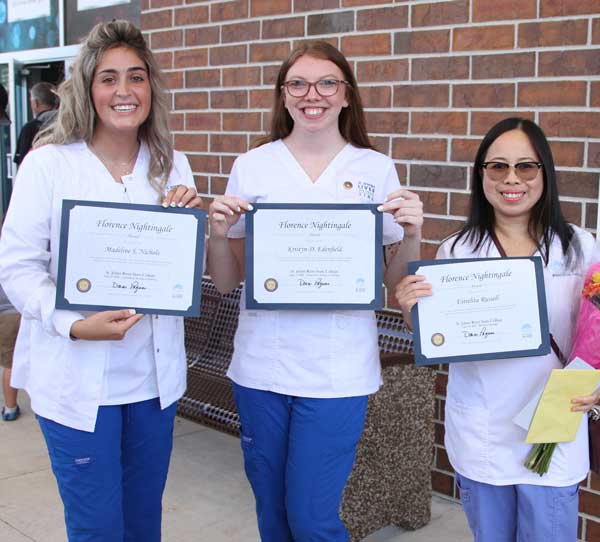 ASN graduates Kristyn Edenfield and Madeline Nichols, and PN graduate Estrelita Russell were awarded the Florence Nightingale Award