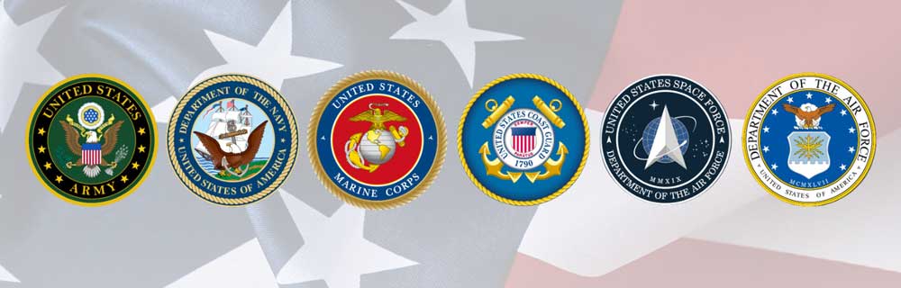 Official seals of the United States Army, Navy, Marine Corps, Coast Guard, Space Force, and Air Force